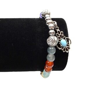 Colorful Glass Beaded Turquoise Charm Bracelet Silver Tone Stretch Band Jewelry